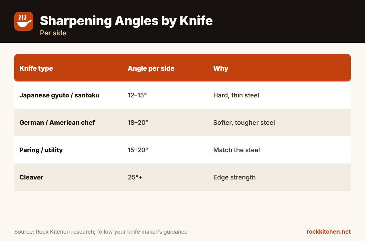 Sharpening angles by knife type