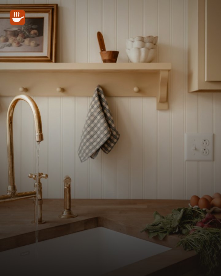 Brass kitchen faucet over a sink with a wooden countertop