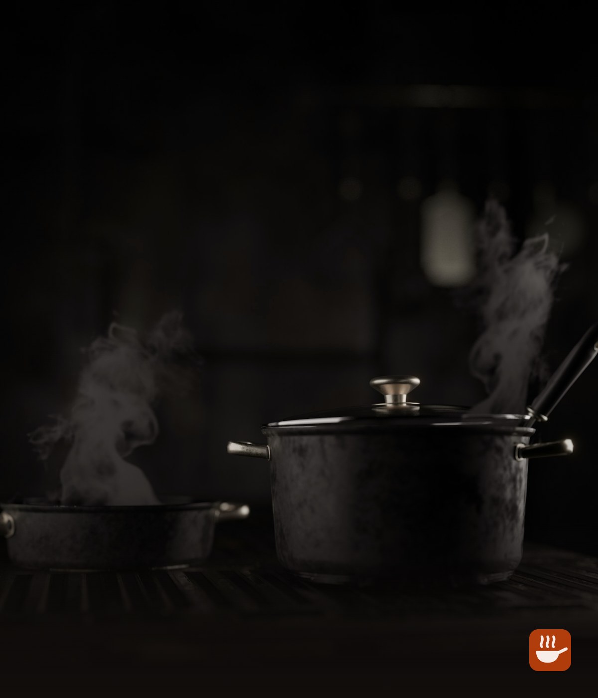 Steaming pots on a stove in a dark kitchen